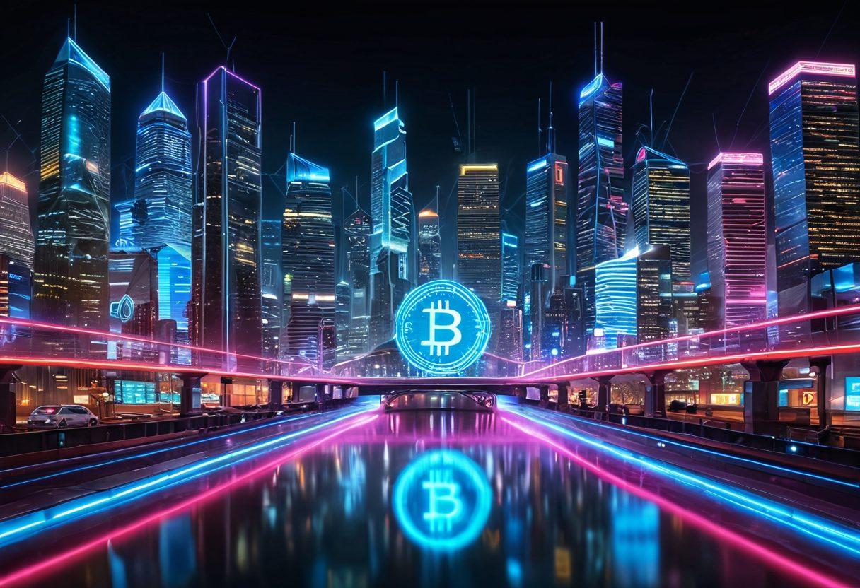A futuristic cityscape illustrating digital currency transactions in action, with vibrant neon lights representing different monetary innovations, such as blockchain and cryptocurrencies. Include people engaging in electronic payments with mobile devices, and dynamic graphs showing revenue growth. Capture the essence of economic digitization with cutting-edge technology and modern architecture. cyberpunk. vibrant colors.