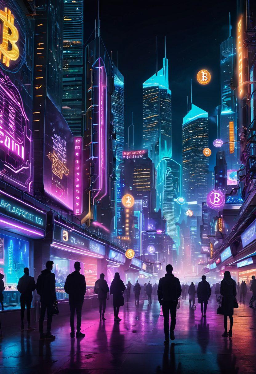 A futuristic cityscape representing the digital age, with vibrant neon lights and virtual currency symbols like Bitcoin floating in the air. A sleek digital wallet lies open, displaying both cash and cryptocurrency coins, symbolizing the transformation of money management. In the background, silhouettes of people interacting with technology, showcasing a blend of traditional and digital finance. super-realistic. vibrant colors. cyberpunk.
