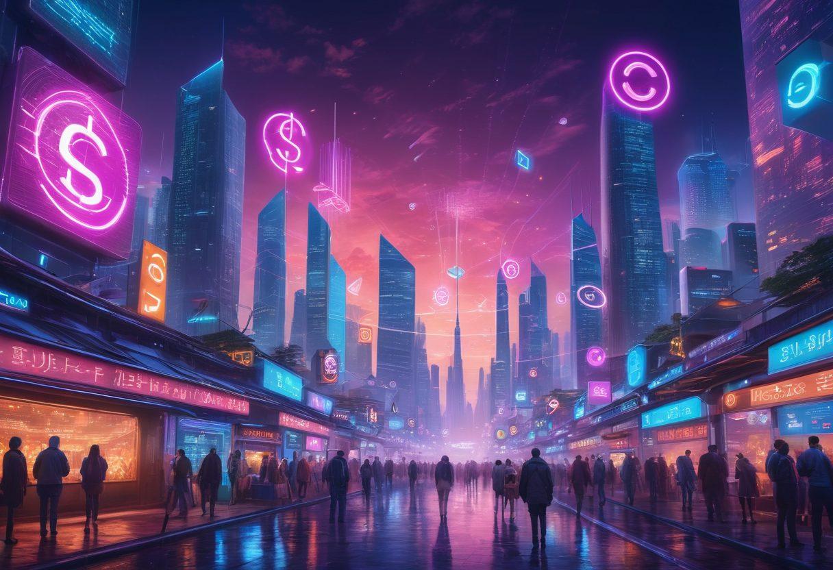 A futuristic city skyline with digital currency symbols floating in the air, showcasing a vibrant marketplace where cash is transforming into digital forms. Include diverse people interacting with holographic interfaces, displaying graphs and currency exchanges. Emphasize innovation and technology, with neon lights and a twilight sky. super-realistic. vibrant colors. cyberpunk.